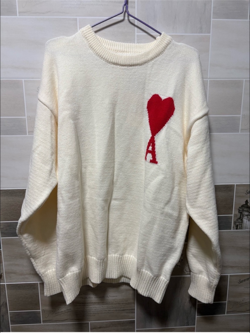 Ami Cream Crewneck Sweater with Red Heart and A Motif